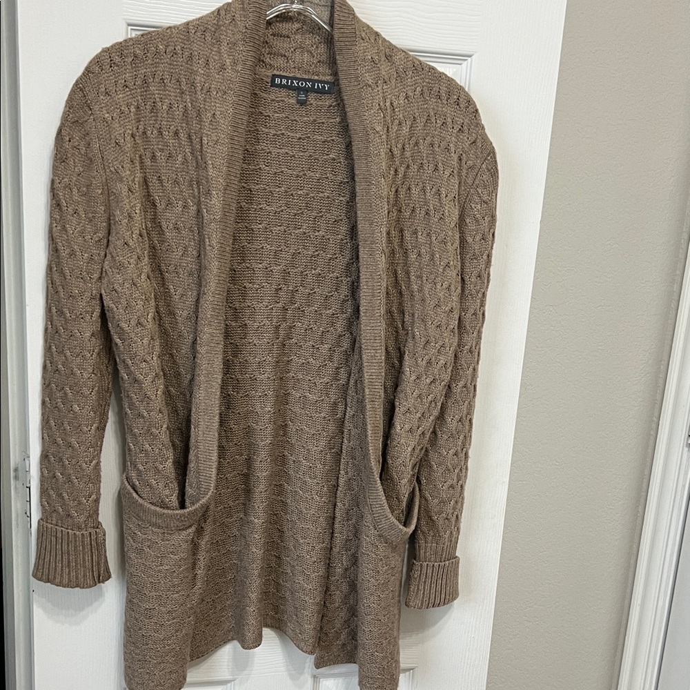 Brixon Ivy Taupe Open-Front Cable Knit Cardigan